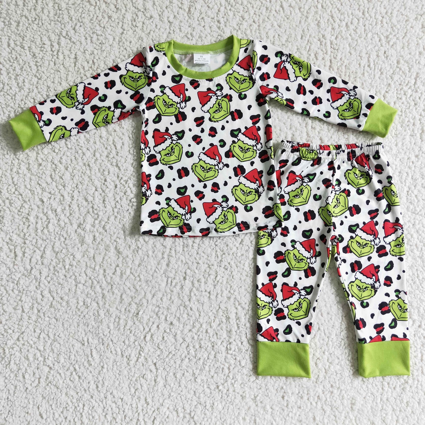 BLP0076 Christmas Green Red Cartoon Santa Leopard Boys Long Sleeve Pants Outfits Pajamas