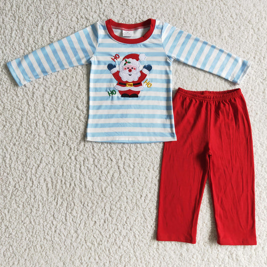 BLP0067 Christmas Santa Red Blue Stripes Embroidery Boys Long Sleeve Pants Outfits