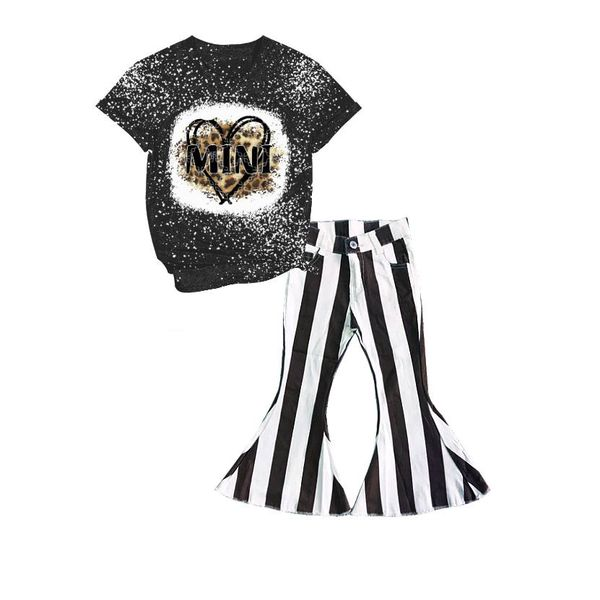 Preorder GSPO0417 2Pcs GT0117 Black Bleach Mini Love Leopard Top + P0046 Black Stripe Denim Girls Short Sleeve Bell Bottom Pants Outfits