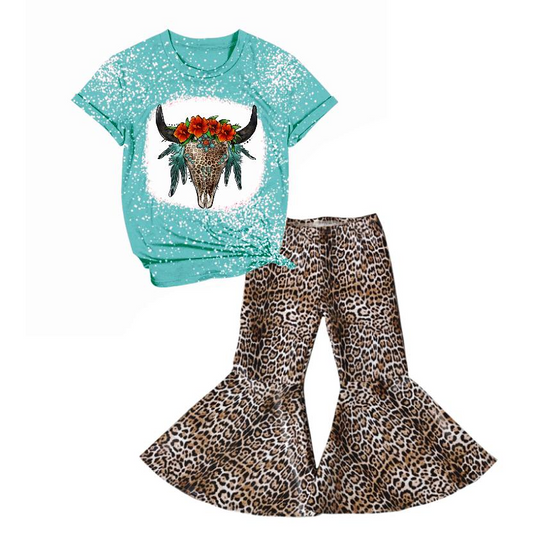 GSPO443 2Pcs GT0126 Blue Green Highland Cow Top + P0050 Leopard Girls Short Sleeve Pants Outfits