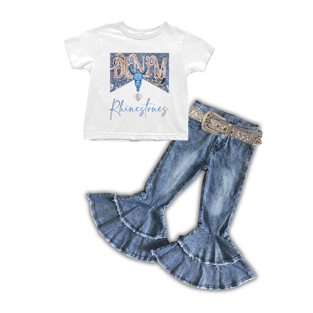 GSPO0531 2Pcs GT0133 Blue Cow Top + C5-15 Blue Denim Girls Short Sleeve Bell Bottom Pants Outfits