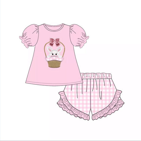 MOQ 5 PCS Preorder GSSO0180 Easter Rabbit Pink Plaid Embroidery Girls Short Sleeve Shorts Outfits