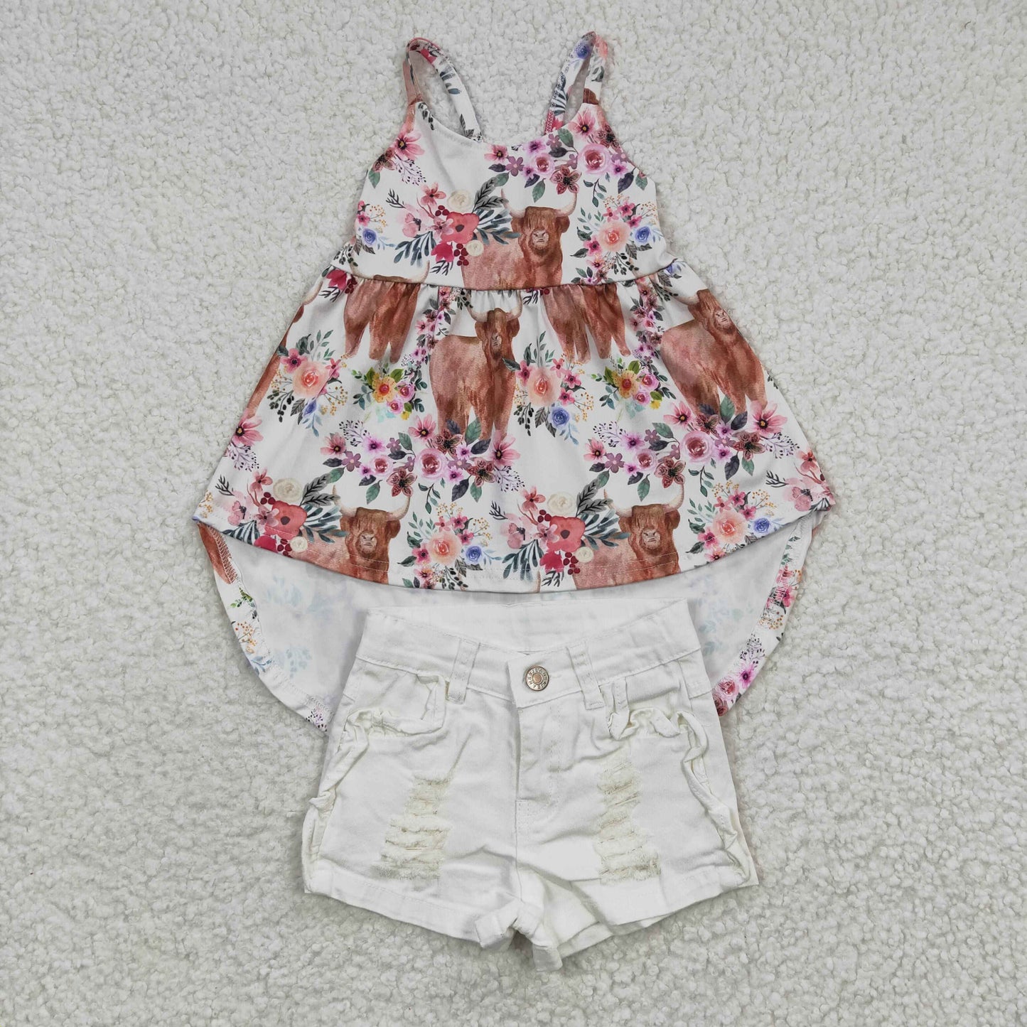 GSSO0262 2Pcs GSD0265 Highland Cow Western Top+ Denim Girls Short Sleeve Shorts Outfits