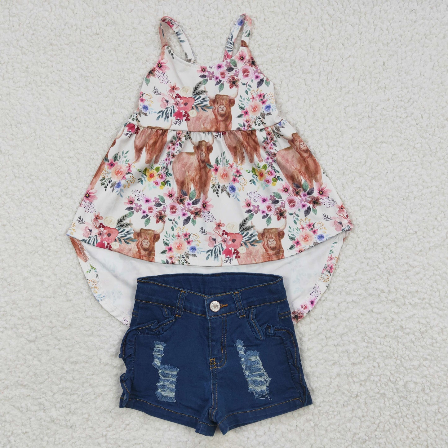 GSSO0263 2Pcs GSD0265 Highland Cow Western Top+ Denim Girls Short Sleeve Shorts Outfits