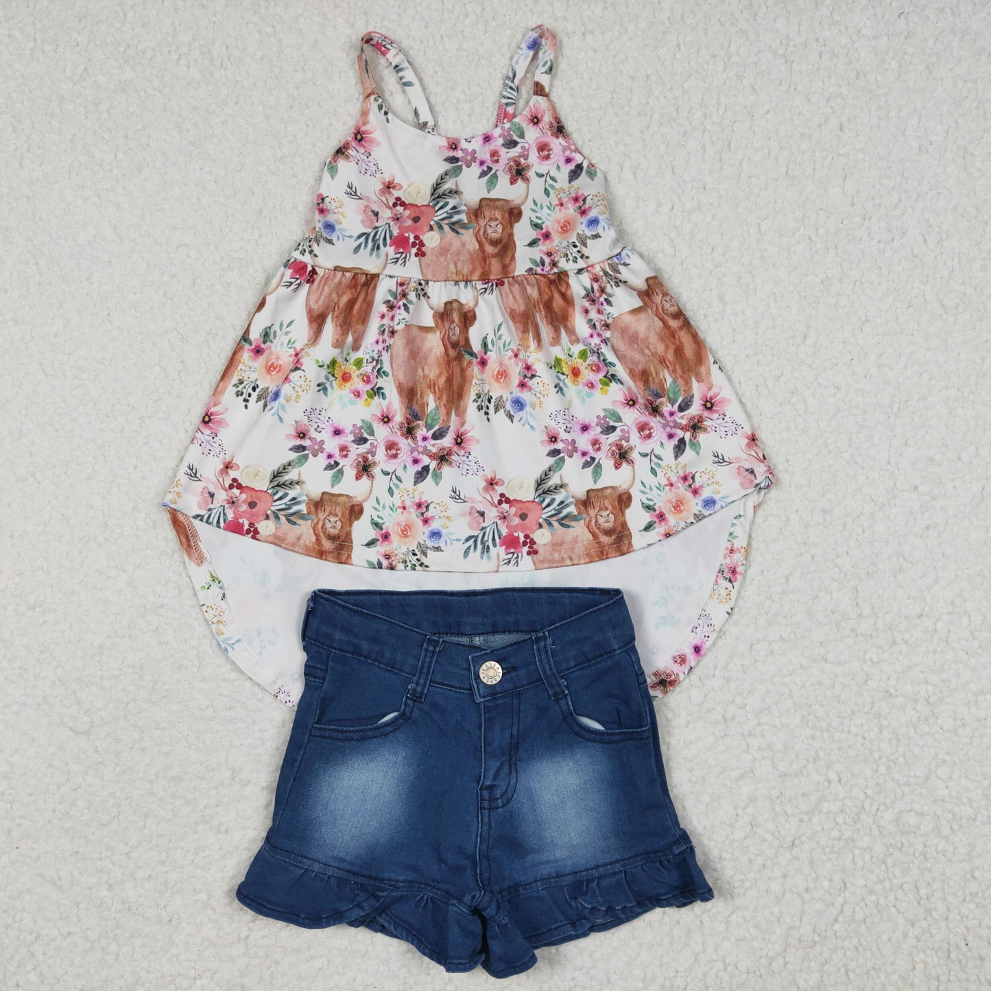 GSSO0264 2Pcs GSD0265 Highland Cow Western Top+ Denim Girls Short Sleeve Shorts Outfits