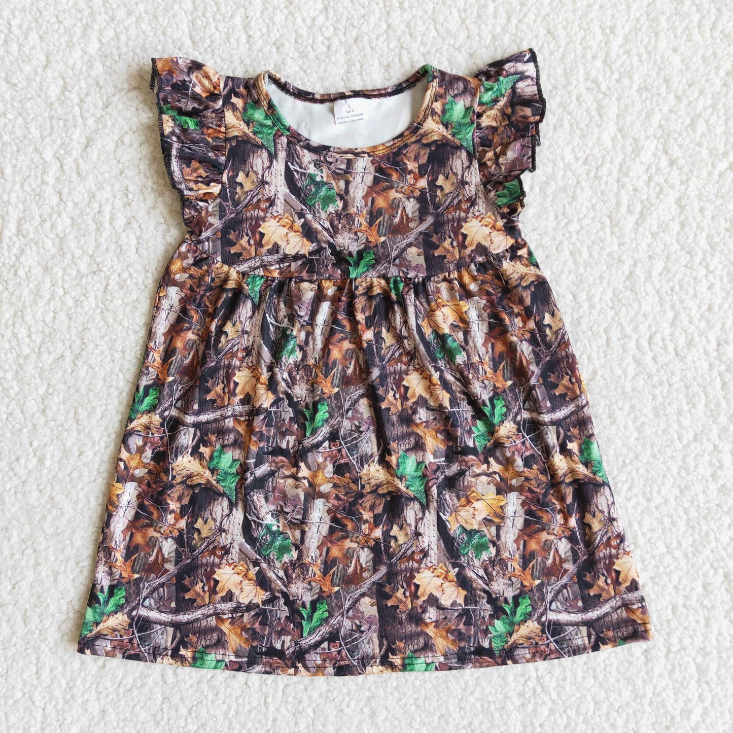 E12-3 Leaf Leaves Camo Print Girls Flutter Sleeve Dresses