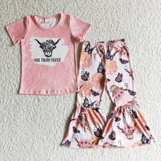 GSPO0082 Pink Highland Cow Heiffer Floral Butterfly Girls Short Sleeve Bell Bottom Pants Outfits