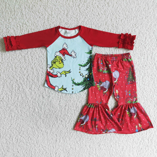 Clearance 6 A17-14 Christmas Red Green Cartoon Tree Girls Long Sleeve Bell Bottom Pants Outfits