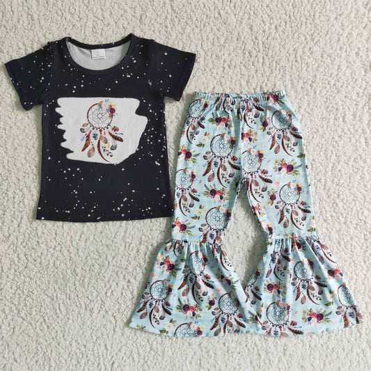 GSPO0035 Black Blue Floral Dream Catcher Girls Short Sleeve Pants Outfits