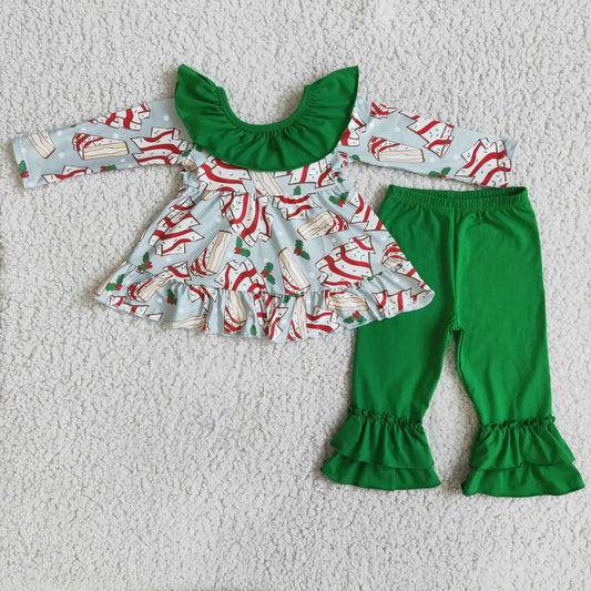 Clearance 6 A0-12 Christmas Cake Green With Bow Tunic Girls Long Sleeve Pants Outfits