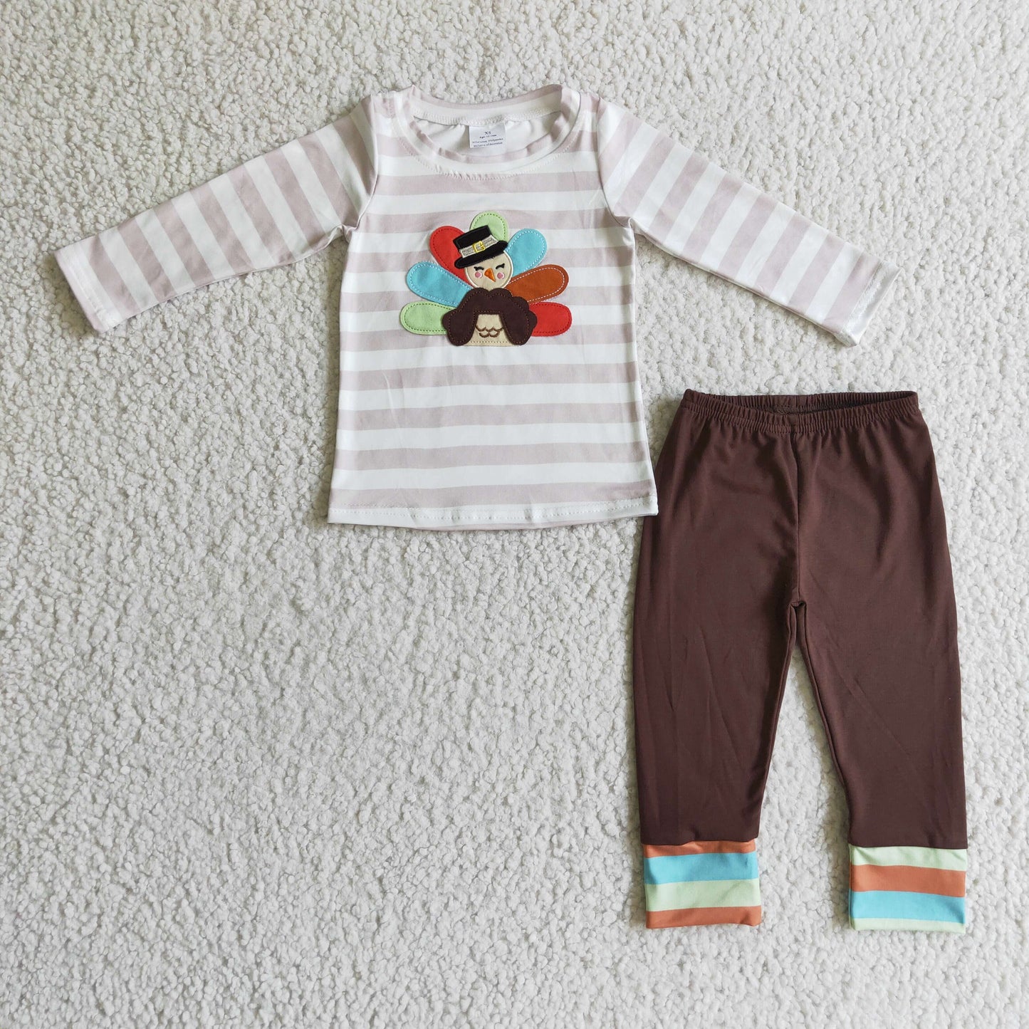 BLP0081 Thanksgiving Turkey Brown Ruffles Embroidery Boys Long Sleeve Pants Outfits
