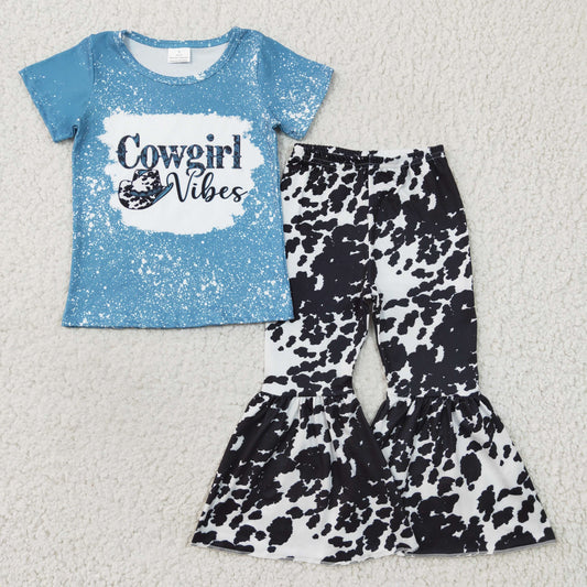 promotion RTS GSPO0316 Blue Bleach Cow Print Cowgirl Vibes Cowboy Western Girls Short Sleeve Bell Bottom Pants Outfits