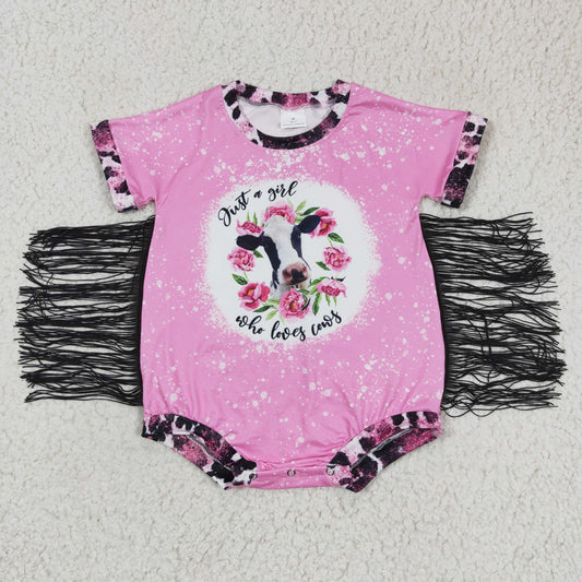 promotion RTS SR0105 Pink Leopard Just A Girl Who Loves Cows Floral Flower Tassel Girls Short Sleeve Romper