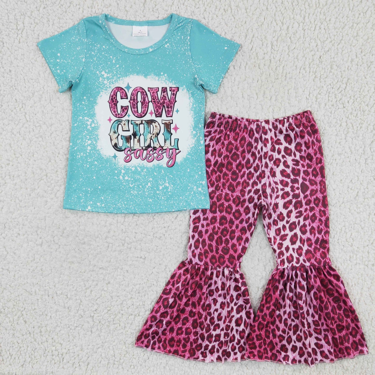 GSPO0307 Blue Pink Sassy Cow Cowboy Western Leopard Girls Short Sleeve Bell Bottom Pants Outfits