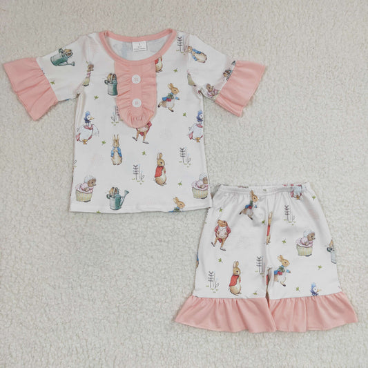 GSSO0155 Easter Pink Rabbit Girls Short Sleeve Shorts Outfits Pajamas