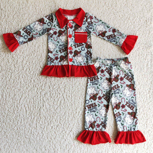 GLP0216 Merry Christmas Red Santa Yall Cowboy Pockets Collar Girls Long Sleeve Pajamas