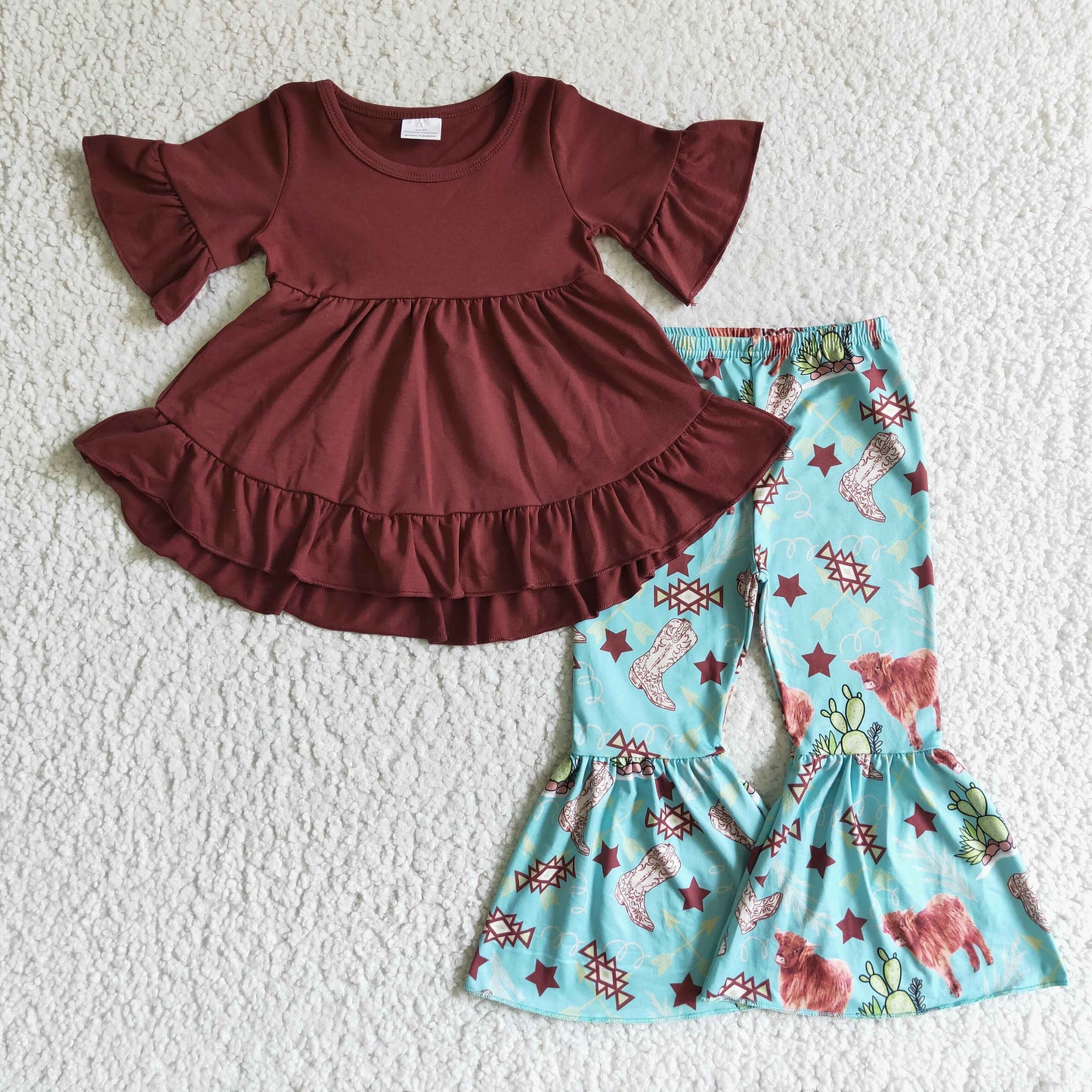 GSPO0192 Brown Blue Highland Cows Boots Cactus Western Tunic Girls Short Sleeve Bell Bottom Pants Outfits