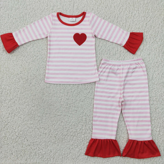 GLP0383 Valentine Love Red Pink Stripes Girls Long Sleeve Pants Outfits Pajamas