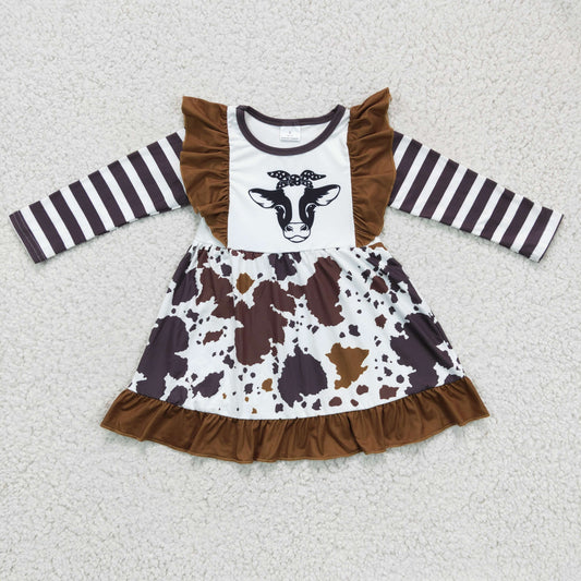 GLD0126 Black Brown Stripes Cow Print Ruffles Girls Long Sleeve Dresses