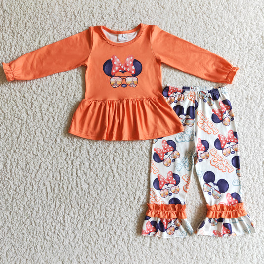 GLP0094 Orange Mouse Cartoon Castle Girls Long Sleeve Bell Bottom Pants Outfits