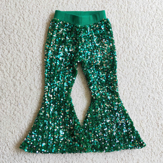 P0033 Green Sequin Bell-bottom Kids Long Pants