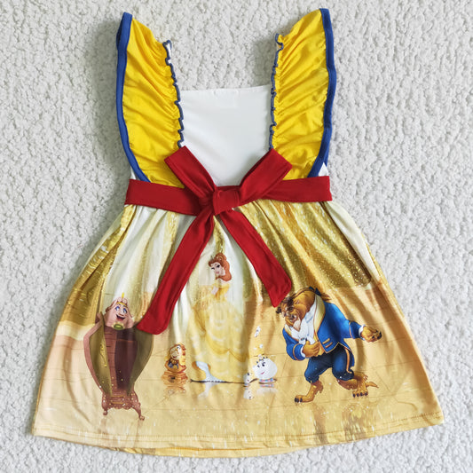 Clearance A10-22 Yellow Cartoon Princess Belt Girls Flutter Sleeve Dresses
