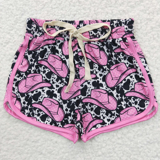 SS0091 Pink Leopard Cowboy Hat Western Girls Shorts Pants