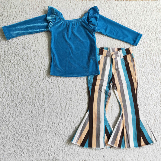 GLP0338 2Pcs Blue Velvet Top + Blue Stripes Ruffles Denim Girls Long Sleeve Pants Outfits