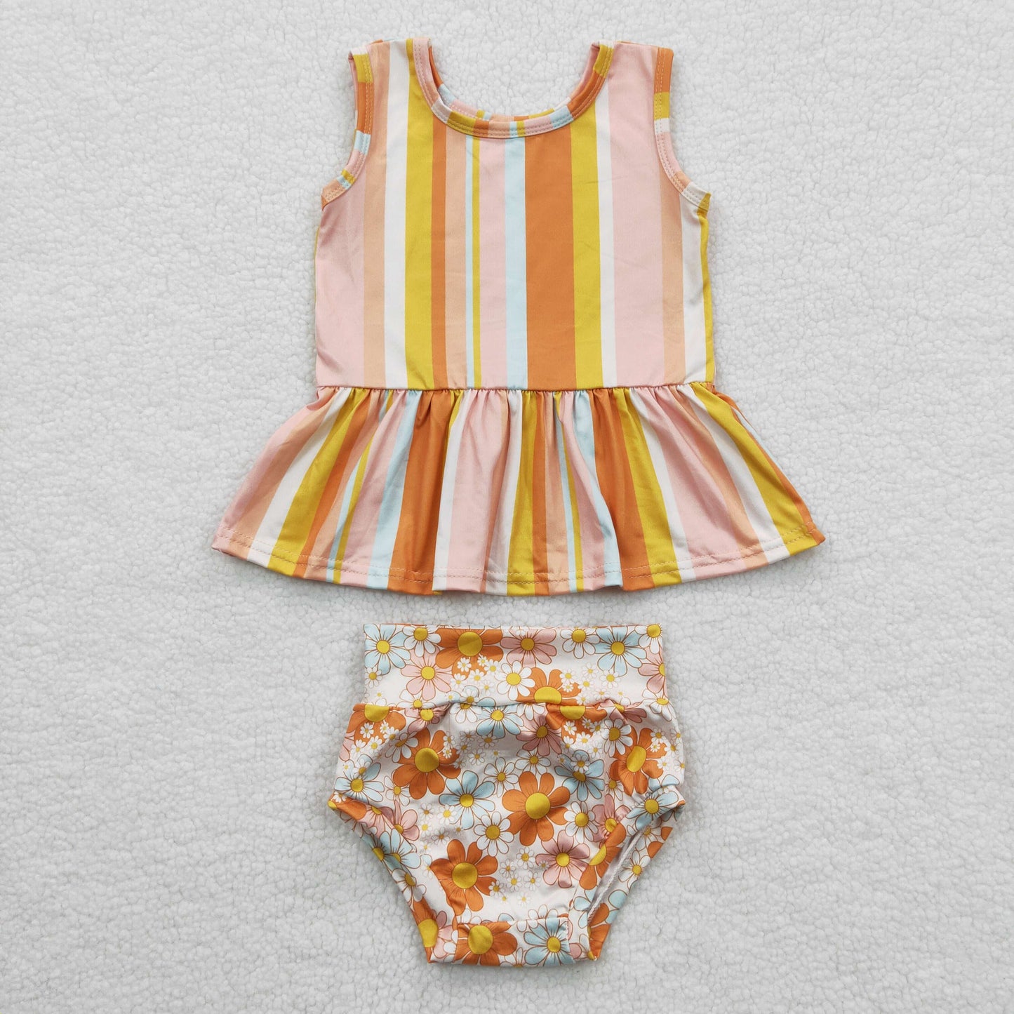 GBO0105 Orange Yellow Floral With Headband Bow 3pcs Girls Short Sleeve Bummies Outfits