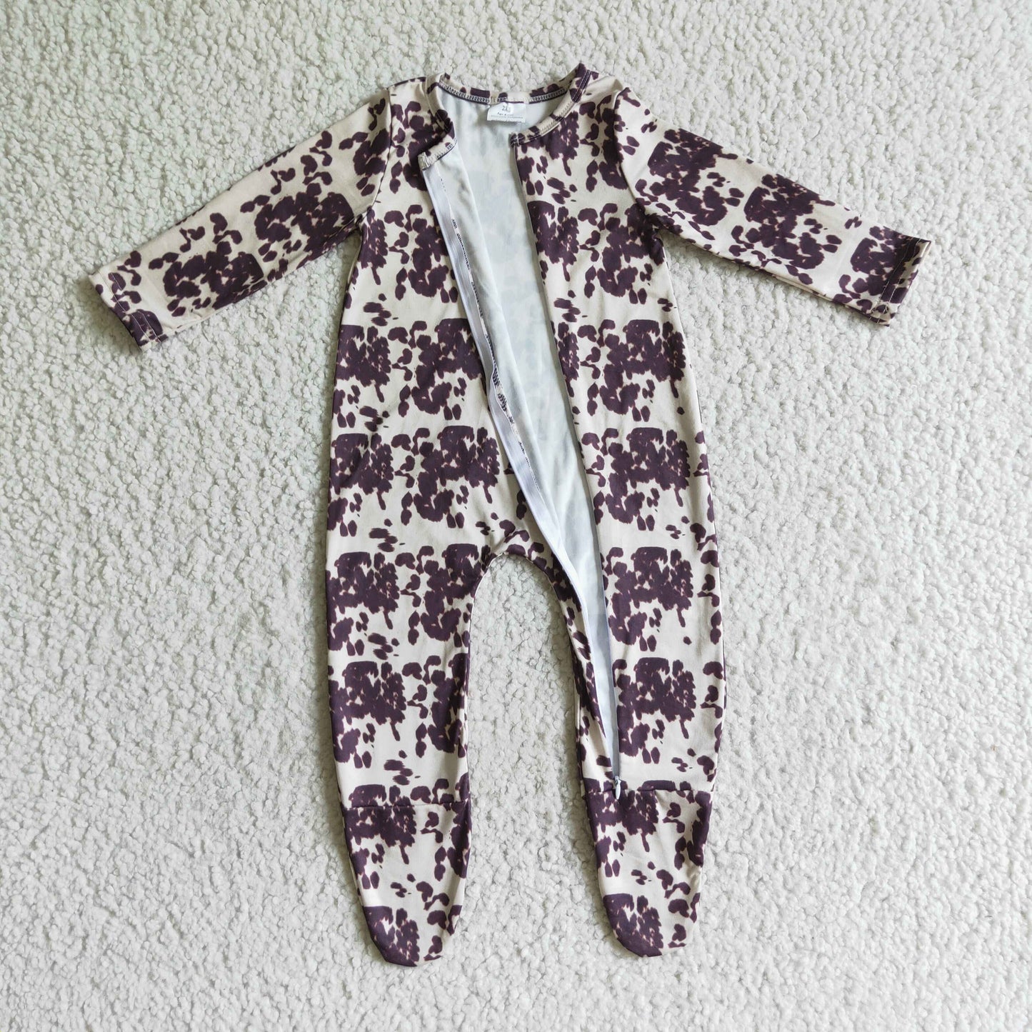 LR0068 Brown Print Zipper Girls Long Sleeve Romper