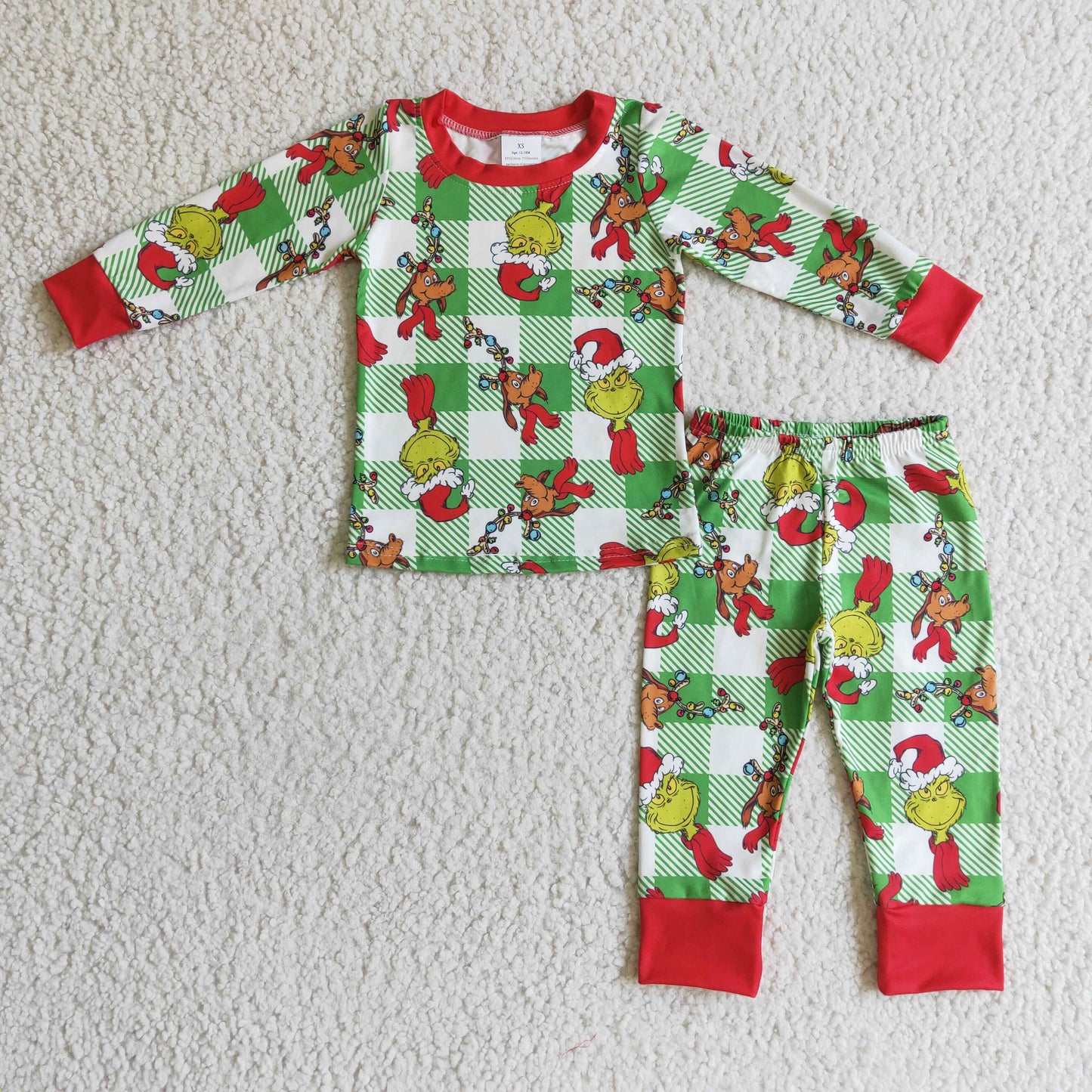 BLP0121 Christmas Dog Red Green Cartoon Plaid Boys Long Sleeve Pants Outfits Pajamas