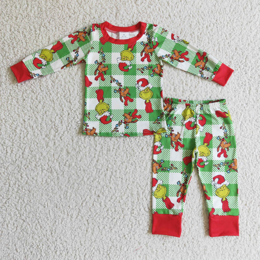 promotion RTS BLP0121 Christmas Dog Red Green Cartoon Plaid Boys Long Sleeve Pants Outfits Pajamas