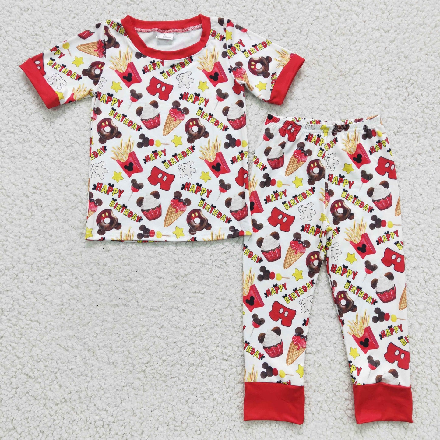 promotion BSPO0047 Happy Birthday M Cartoon Red Yellow Boys Short Sleeve Pants Outfits Pajamas