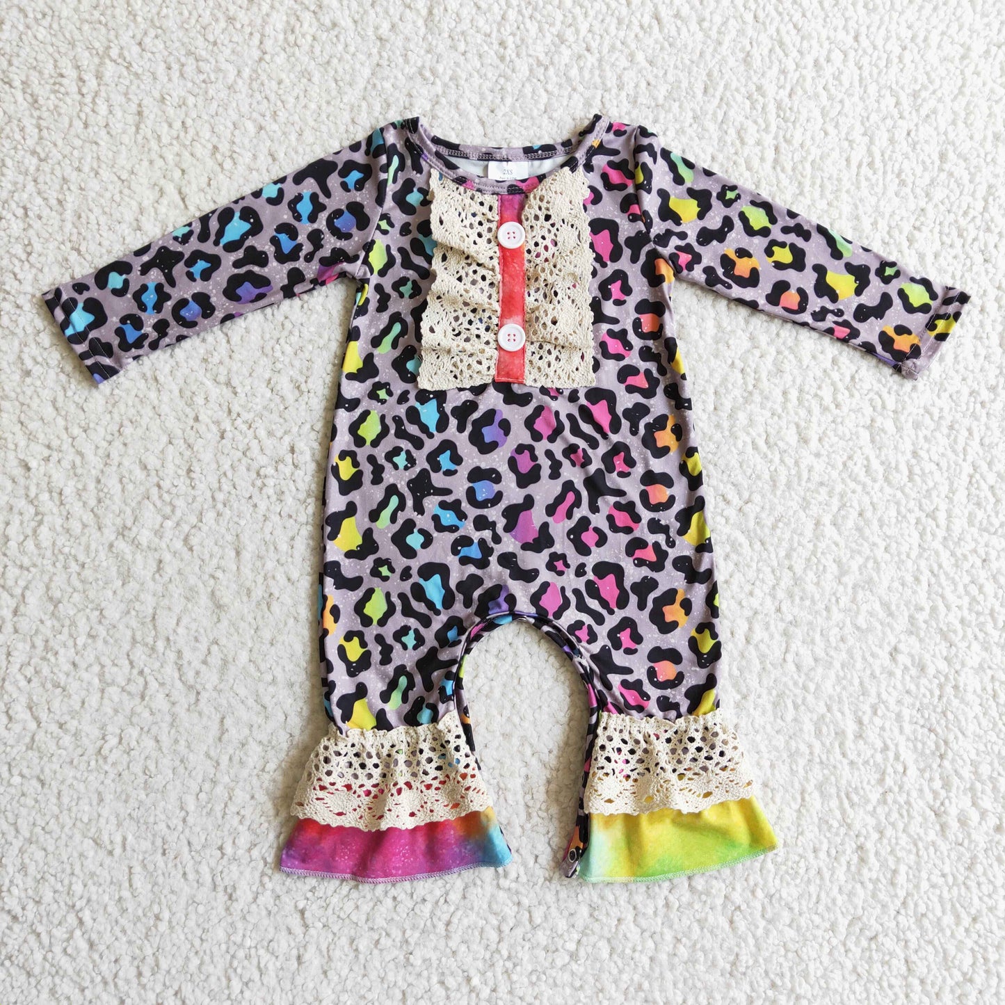 LR0215 Blue Yellow Leopard Lace Ruffles Girls Long Sleeve Romper