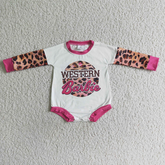 LR0033 Leopard Pink Western Letter Girls Long Sleeve Romper