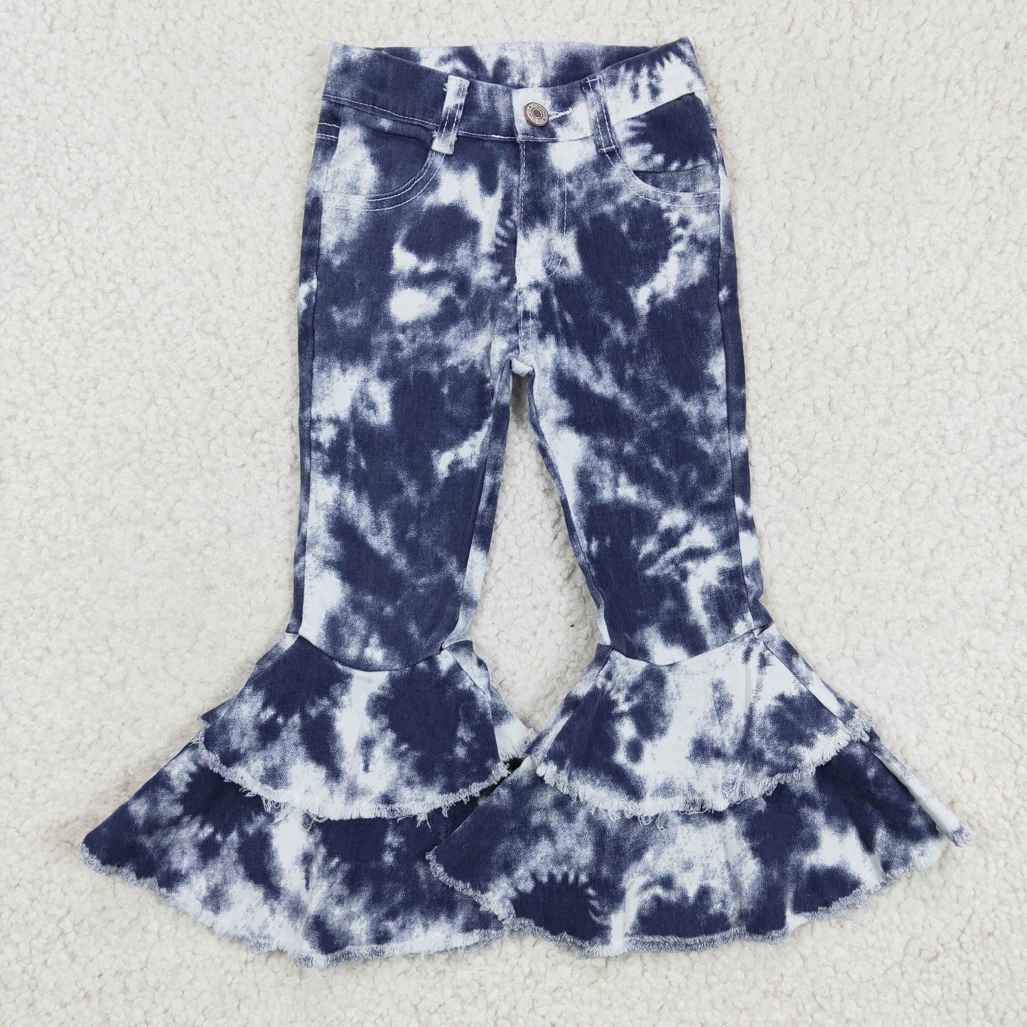 P0035 Blue Tie Dye Double Ruffles Denim Jeans