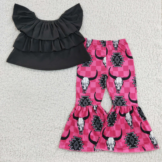 GSPO0314 Pink Black Highland Cow Ruffles Girls Short Sleeve Bell Bottom Pants Outfits