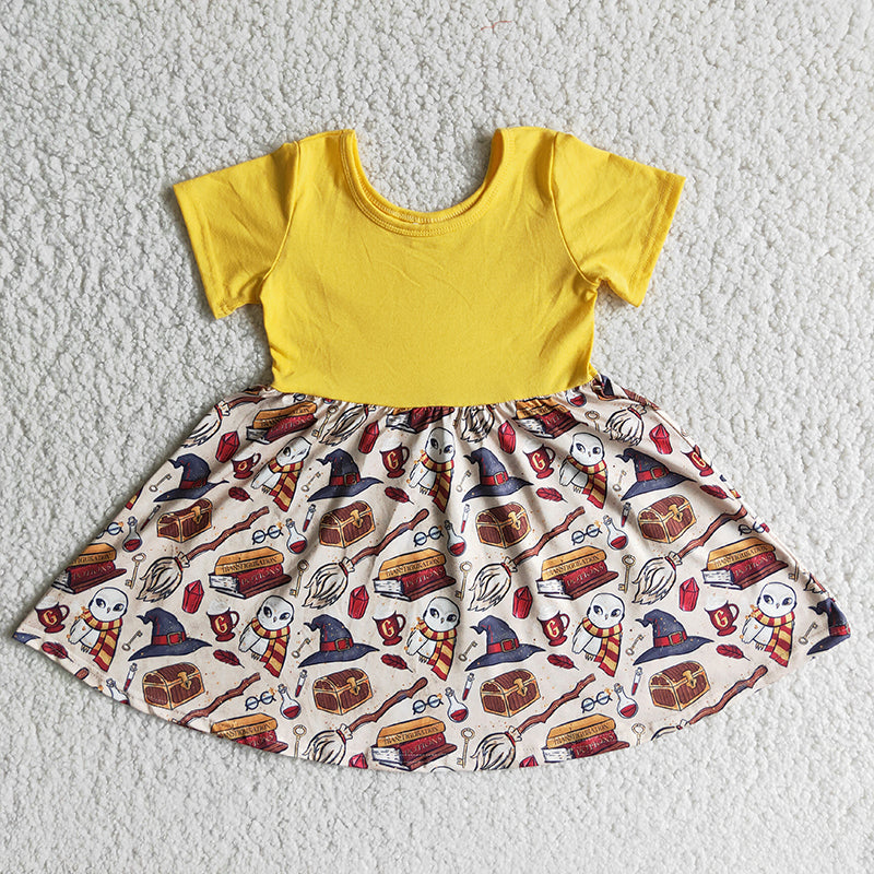 B15-1 Yellow Magic Cartoon Girls Short Sleeve Dresses