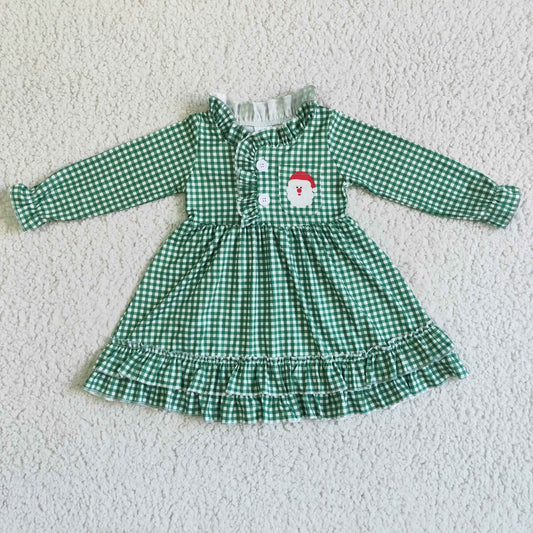 6 C10-7 Christmas Green Plaid Santa Ruffles Girls Long Sleeve Dresses