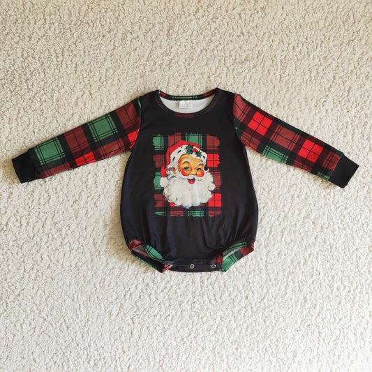 LR0177 Christmas Santa Black Red Green Plaid Girls Long Sleeve Romper