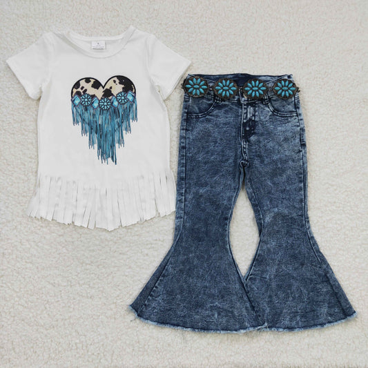 GSPO0463 2pcs GT0137 Valentine Love Leopard Blue Tassel Top+ P0008 Blue Denim Girls Short Sleeve Bell Bottom Pants Outfits