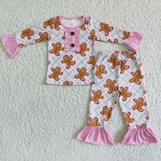 Clearance 6 A1-27 Christmas Gingerbread Cartoon Pink Girls Long Sleeve Pajamas