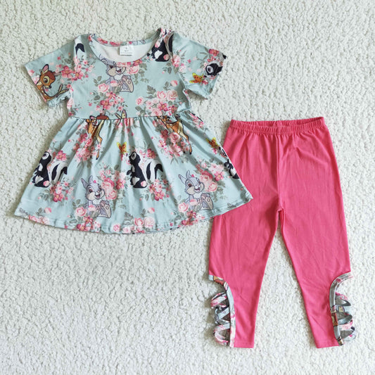 GSPO0154 Christmas Deer Rabbits Pink Floral Animal Cartoon Tunic Girls Short Sleeve Pants Outfits