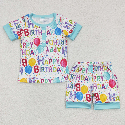 BSSO0180 Happy Birthday Blue Boys Short Sleeve Shorts Outfits Pajamas