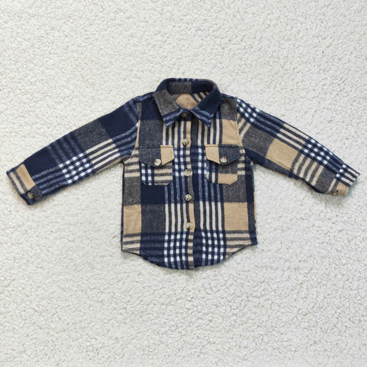 BT0186 Blue Plaid Boys Long Sleeve Top Winter Collar T-Shirts