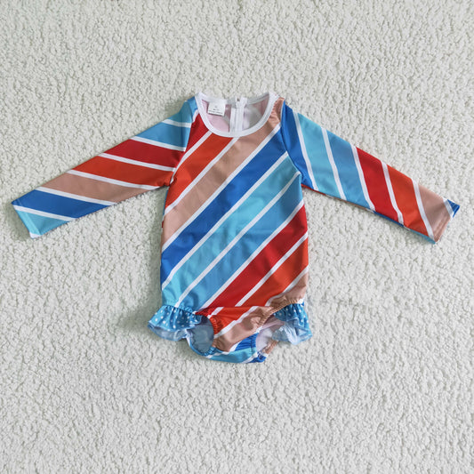 S0007 Blue Red Striped Girls Swimming Bathing Suits Swimsuits