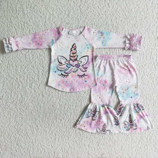 Clearance 6 B3-16 Purple Unicorn Print Girls Long Sleeve Bell Bottom Pants Outfits