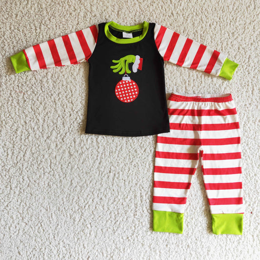 BLP0108 Christmas Red Green Cartoon Stripes Embroidery Boys Long Sleeve Pajamas