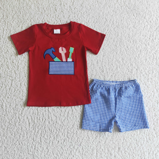 A4-11 Tool Blue Red Plaid Embroidery Boys Short Sleeve Shorts Outfits
