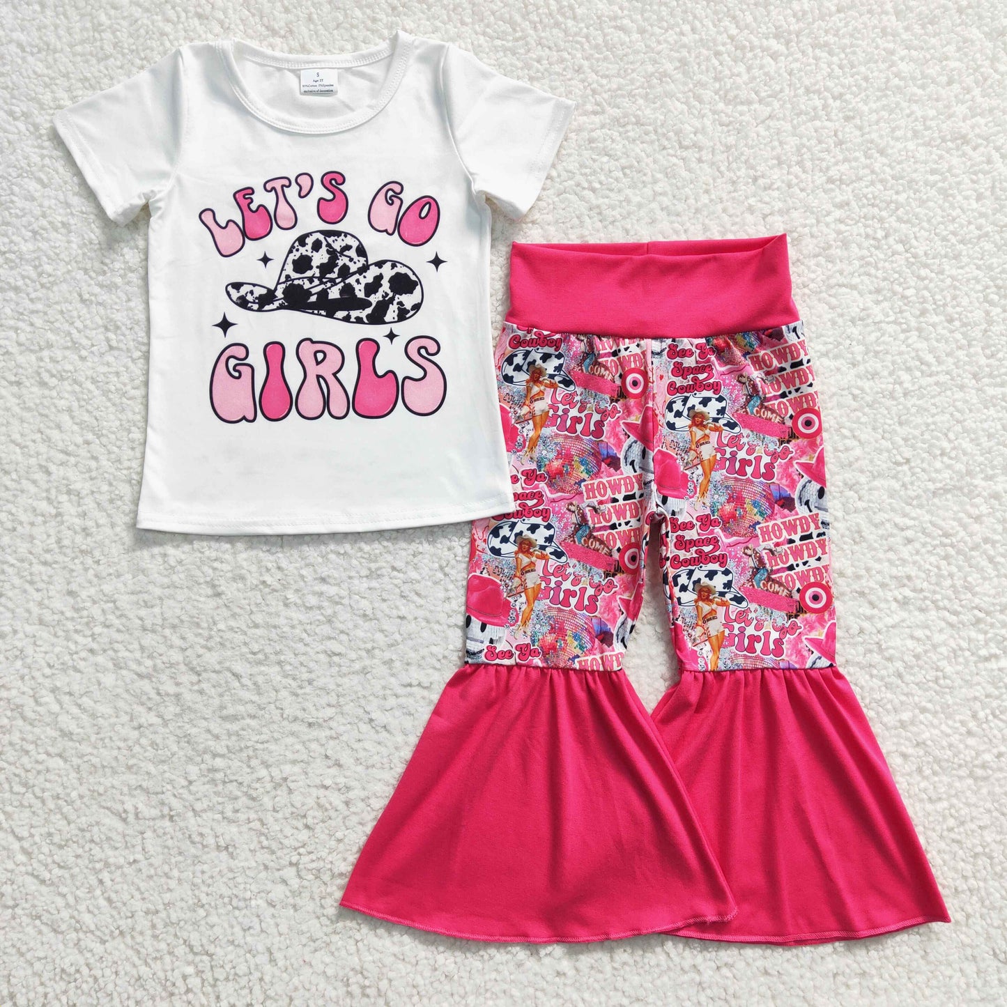 GSPO0511 Pink Let Go Girls Western Cowboy With Bow Headband 3pcs Girls Short Sleeve Bell Bottom Pants Outfits